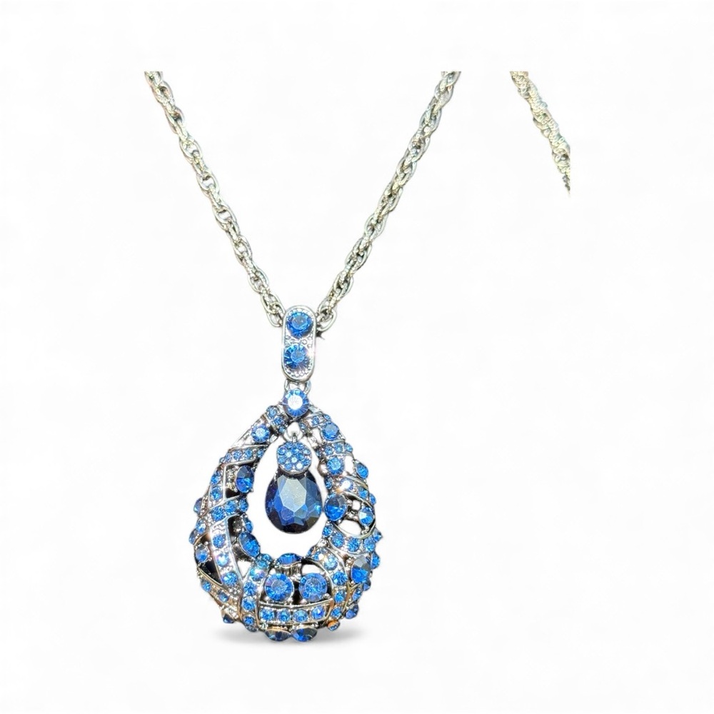 Elegant Blue Sapphire and Silver Tone Large Pendant Necklace EUC